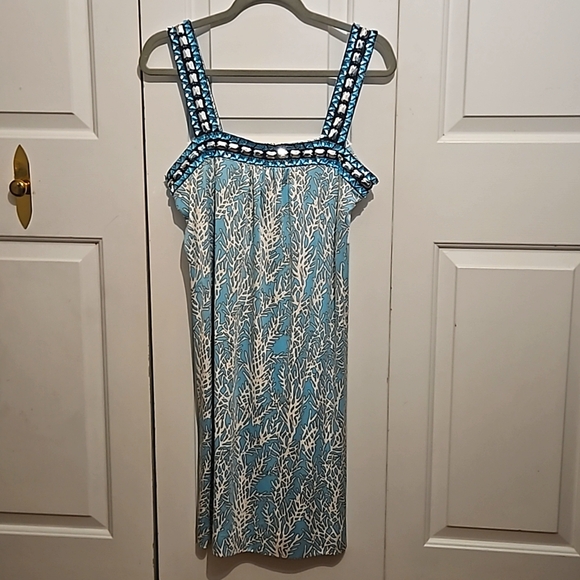 Tory Burch 100% Silk Crystal Turquoise Coral Print Mid-Length Dress/ M - Picture 5 of 9